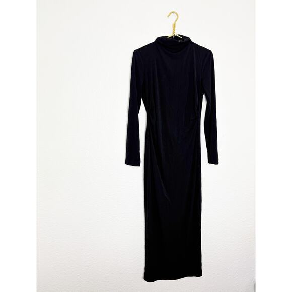 Zara Black Jersey High Neck Midi Dress Size Large Ruched Long Sleeve Minimalist - Picture 3 of 12